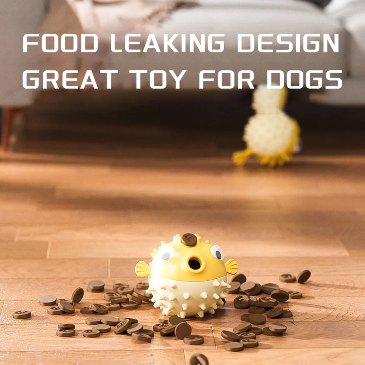 Yellow fish-shaped vinyl dog chew toy with textured surface for teeth cleaning