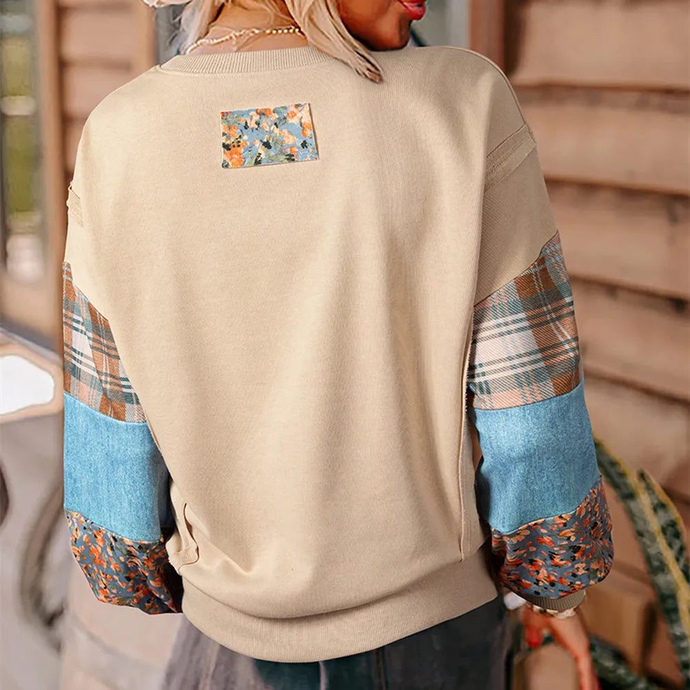 Women's loose long-sleeved top with plaid stitching detail in apricot colour