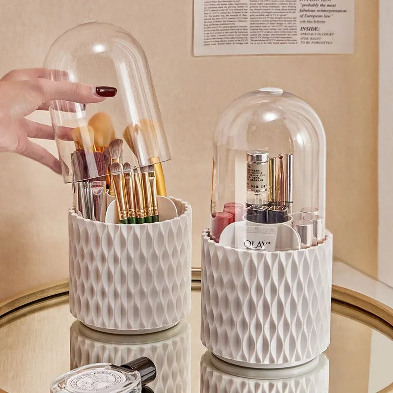 White rotating acrylic makeup brush storage box with transparent cover and split compartments