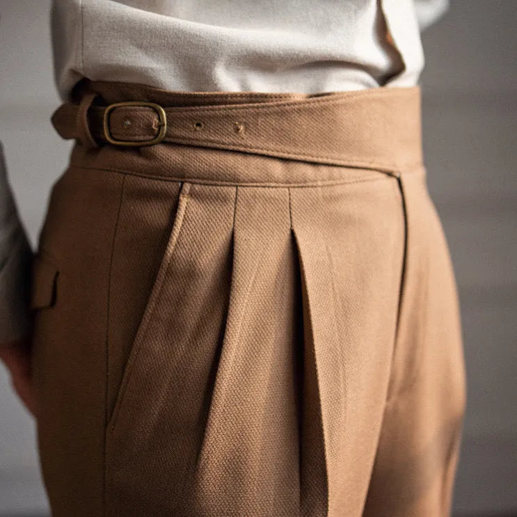 Men's high waist straight leg casual trousers in polyester fabric showing colour options