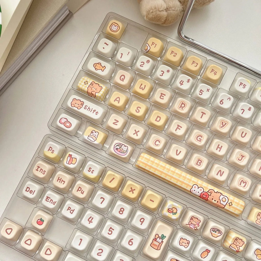 Rabbit Bear Restaurant themed mechanical keyboard keycap set showing PBT construction and thermal sublimation printing