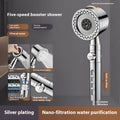 Silver chrome portable shower head with multiple spray functions including strong pressurised, massage, bubble and rainproof