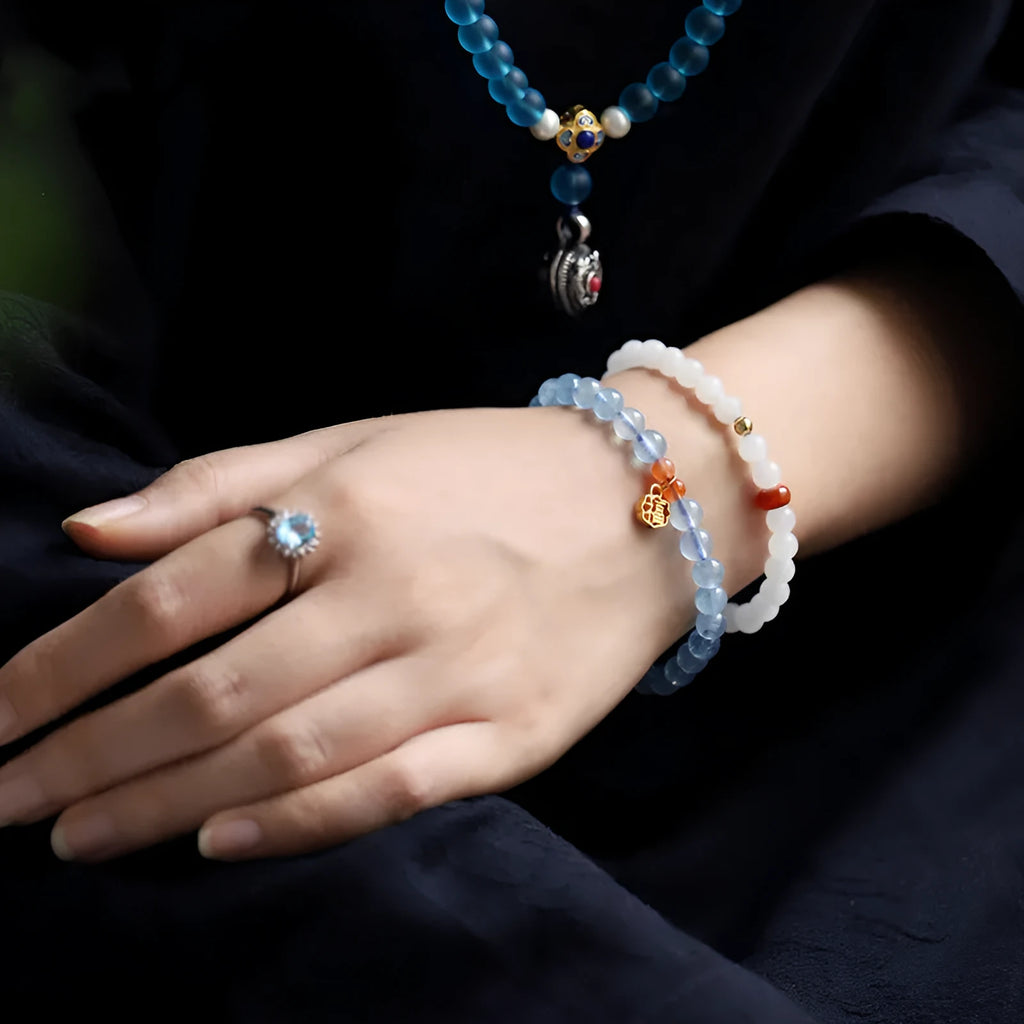 Natural aquamarine crystal bracelet with 8mm round transparent beads and blessing card