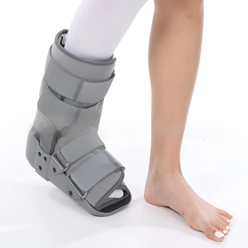 Achilles tendon rehabilitation walking boot with adjustable aluminium footplate in grey colour