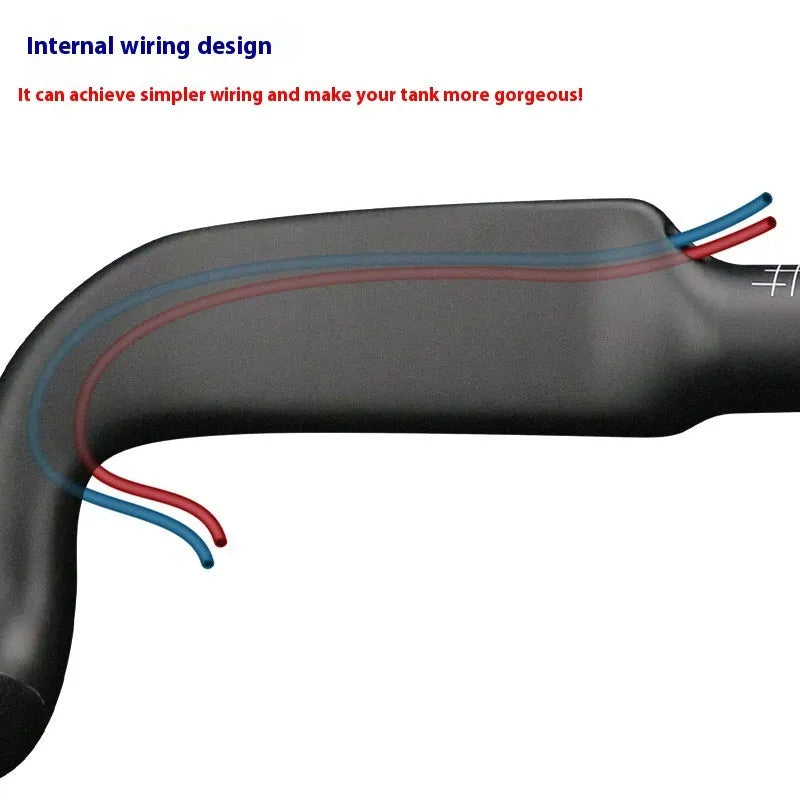 Carbon fibre road bicycle handlebar showing red double line graphic and 420mm width