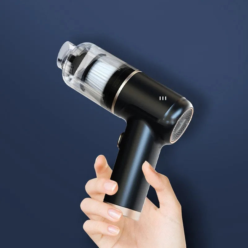 Black wireless handheld car vacuum cleaner with multiple nozzle attachments on a plain background
