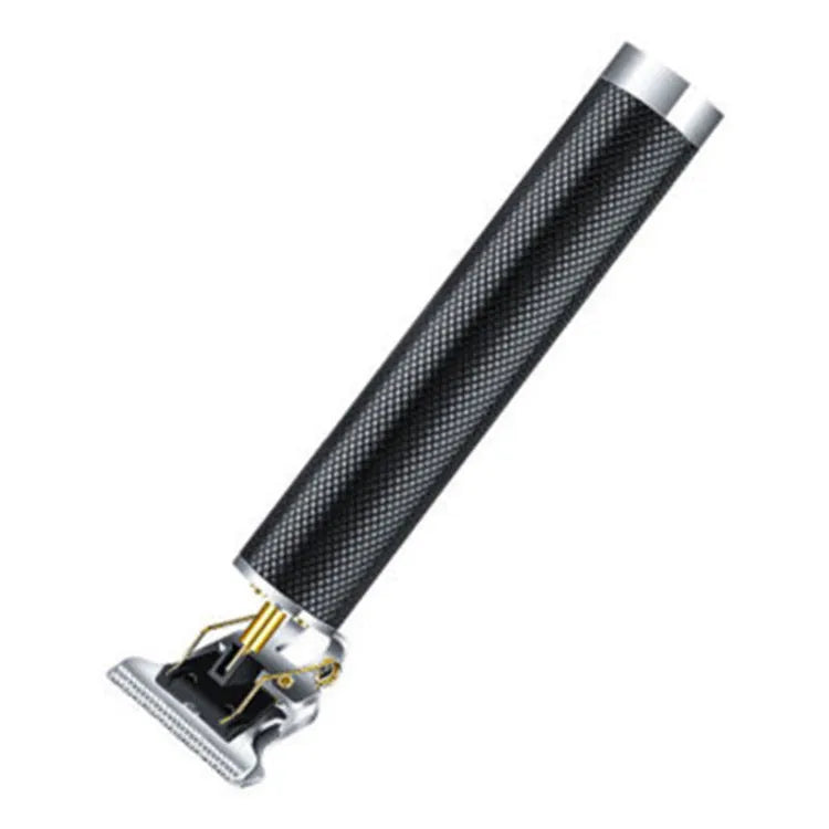 Black rechargeable electric hair clipper with gold steel blades, four combs, and USB charger