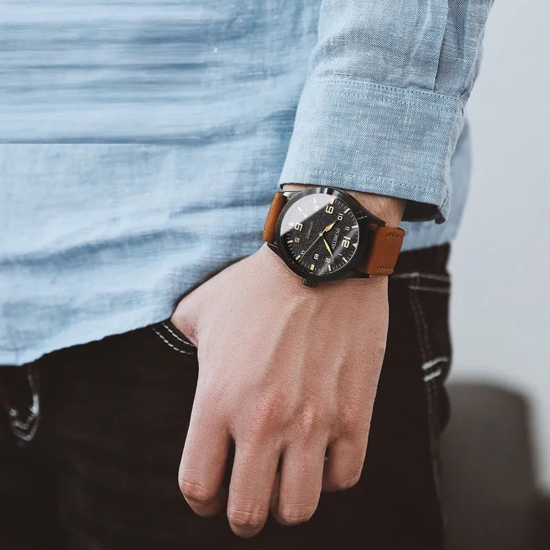 Men's automatic mechanical watch with leather strap and retro business style in multiple colour options