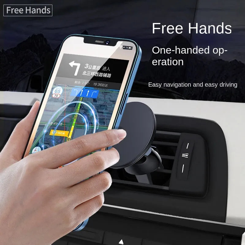 Black aluminium alloy magnetic phone holder attached to a car's circular air vent.