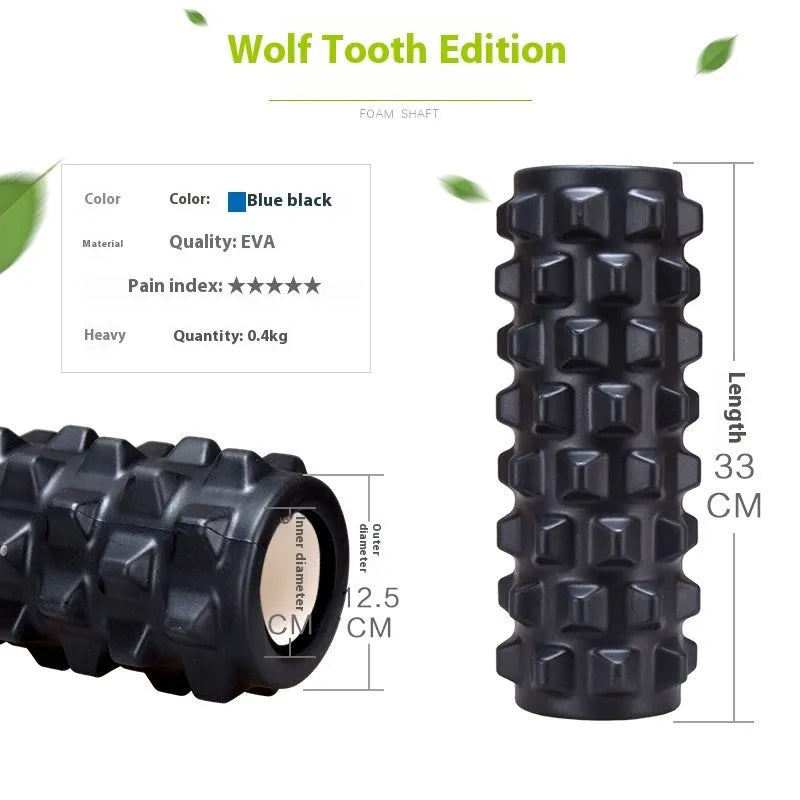 Black 33cm long fitness foam roller with six segmented pieces on a plain background.