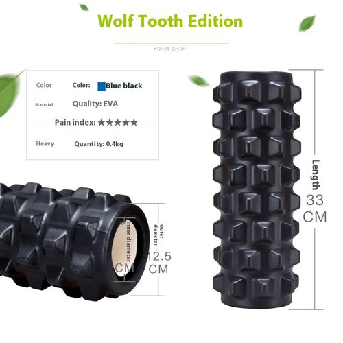 Black 33cm long fitness foam roller with six segmented pieces on a plain background.