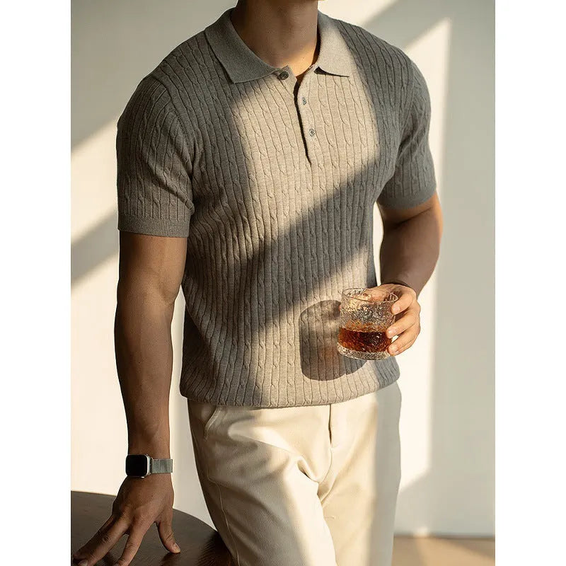 Men's short sleeve business commute top in khaki colour with four-fabric blend construction