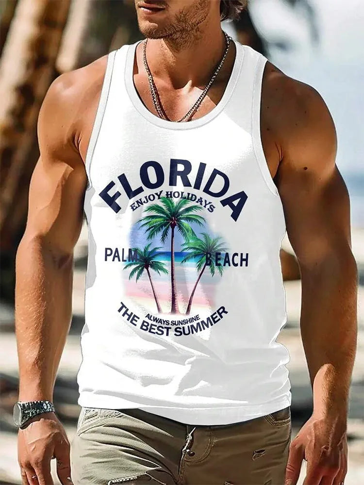 Men's 3D printed Hawaiian style sleeveless vest t-shirt in solid colour