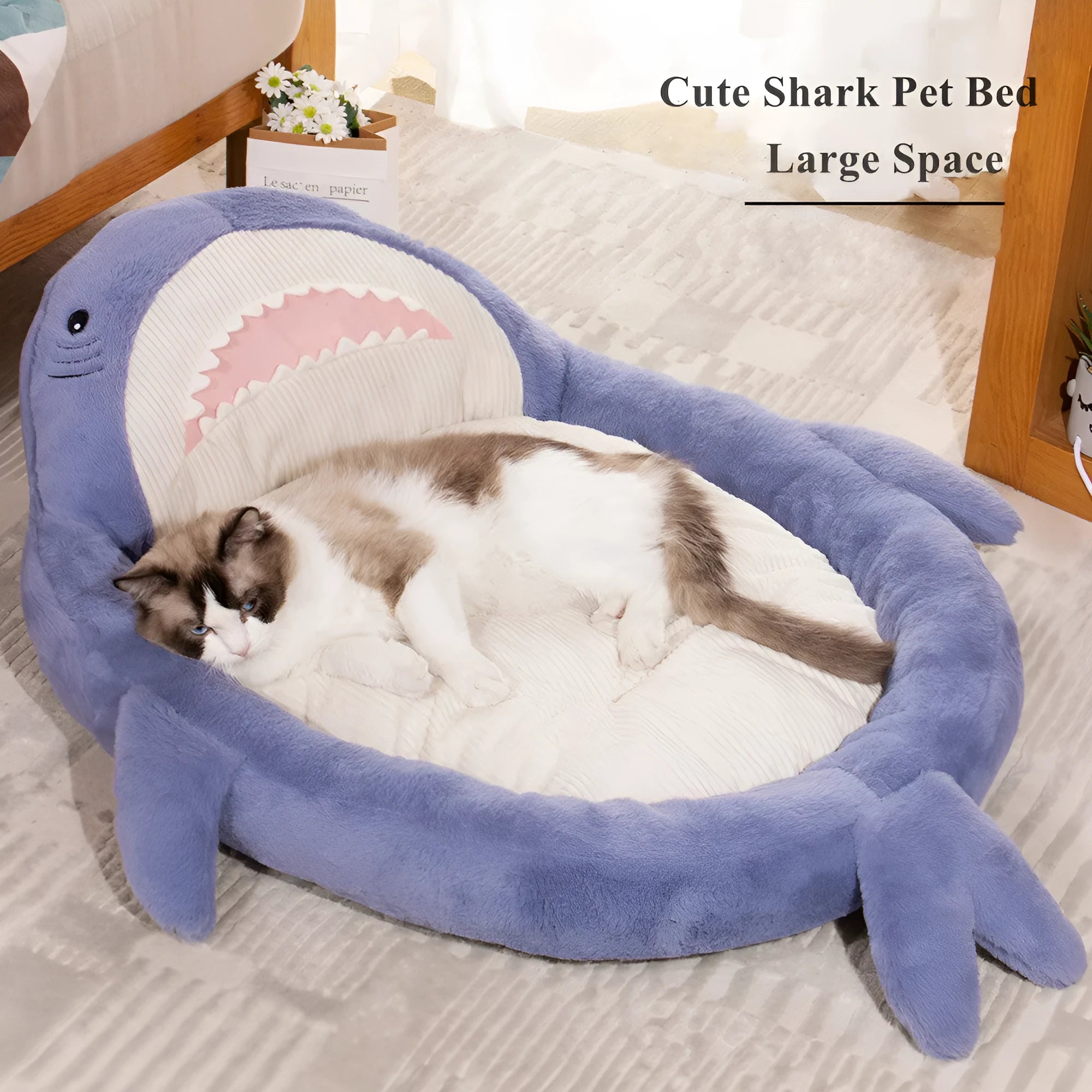 Blue shark pattern velvet pet bed cushion for small dog on floor