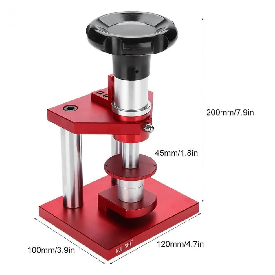 Watch repair tool with spiral cap presser and 20 plastic molds for back cover pressing