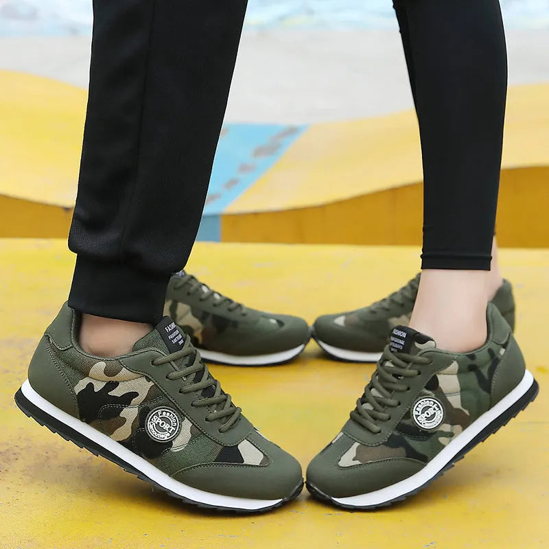 Men's and women's low-top camouflage sports shoes with suede upper and flat foam sole.