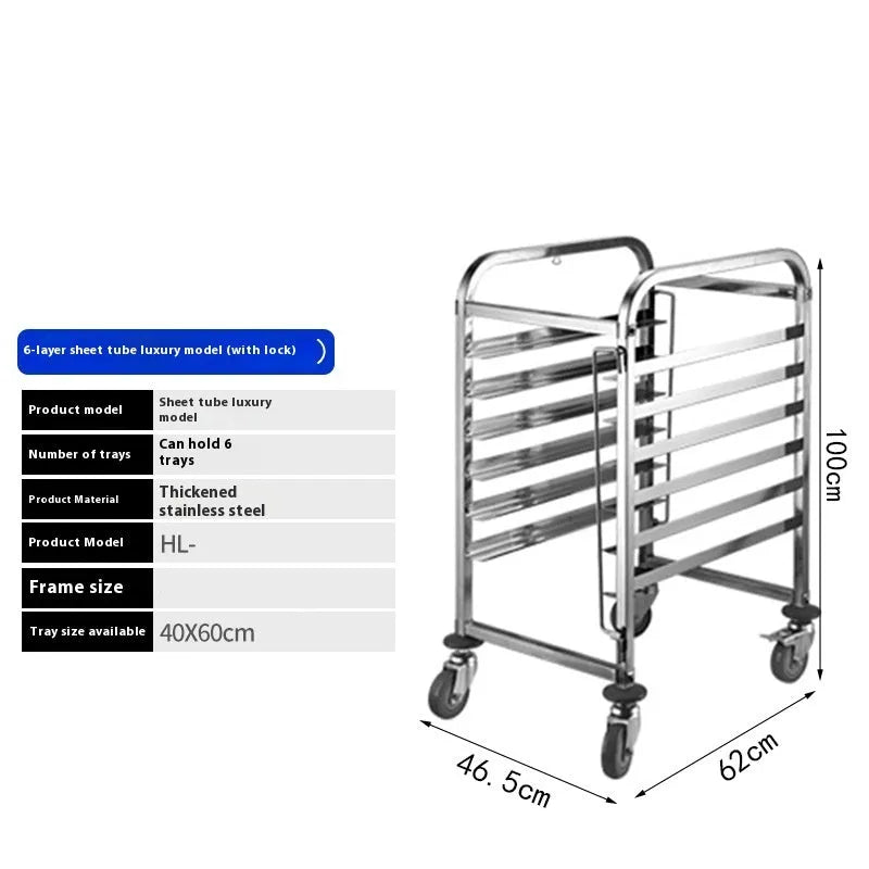 Six-layer stainless steel baking tray rack with locking mechanism for 40x60cm baking sheets