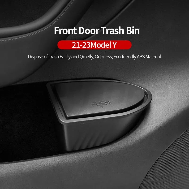 Two black plastic car door storage bins for Tesla Model Y front seat organisation.