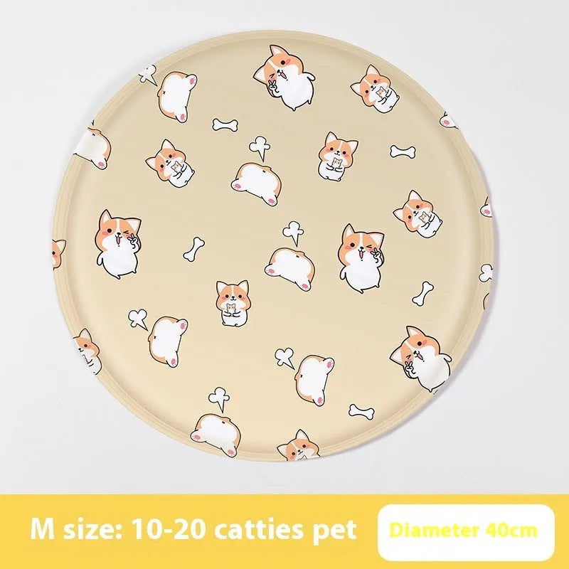 Round cloth pet cooling mat with cartoon dog design, shown in beige and blue colour options.