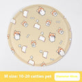 Round cloth pet cooling mat with cartoon dog design, shown in beige and blue colour options.