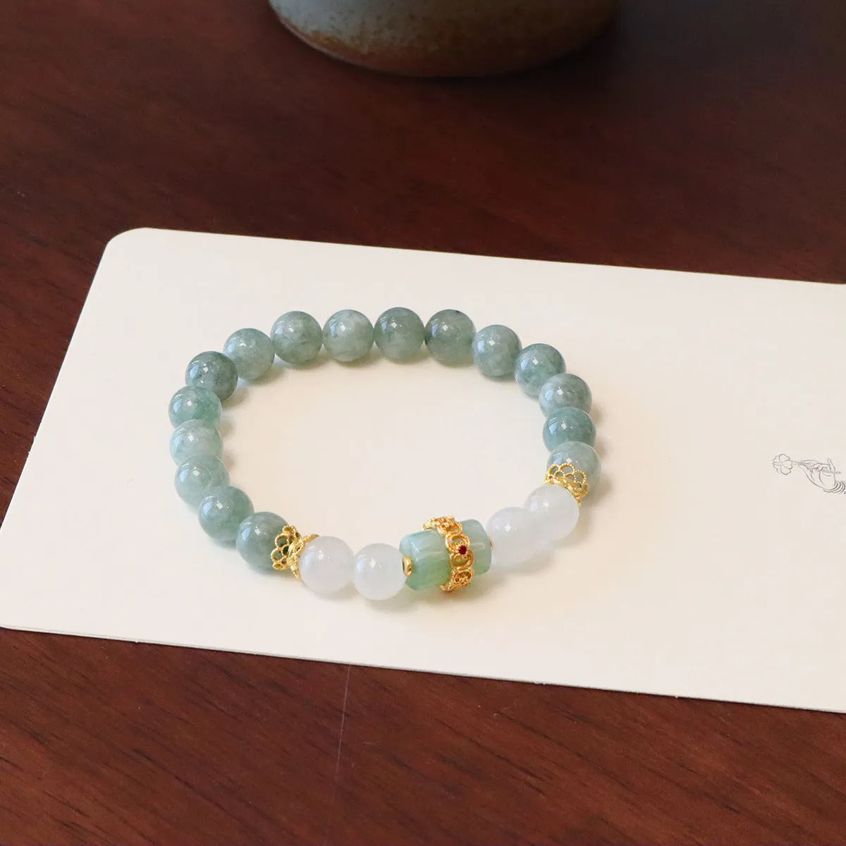 Myanmar jade bracelet with traditional Chinese peace buckle and safety clasp