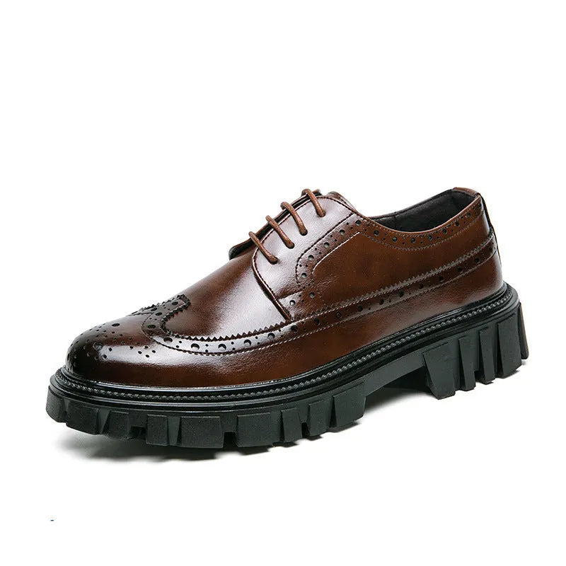 Men's black business brogue leather shoes with round toe design on white background