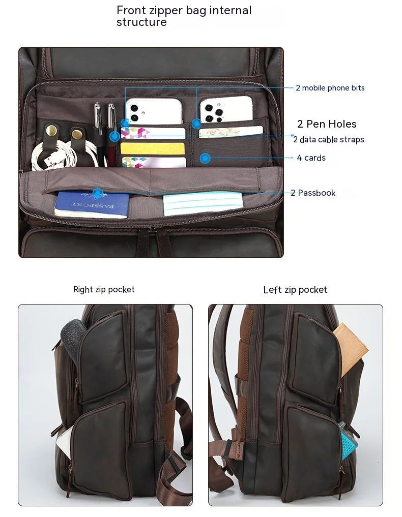 Dark brown genuine leather backpack with 17-inch laptop compartment and multiple organisational pockets