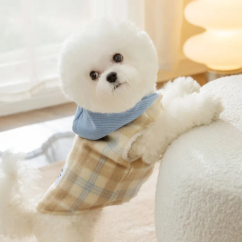 Blue corduroy hooded vest for pets with a grid pattern and traction elements on the hood.