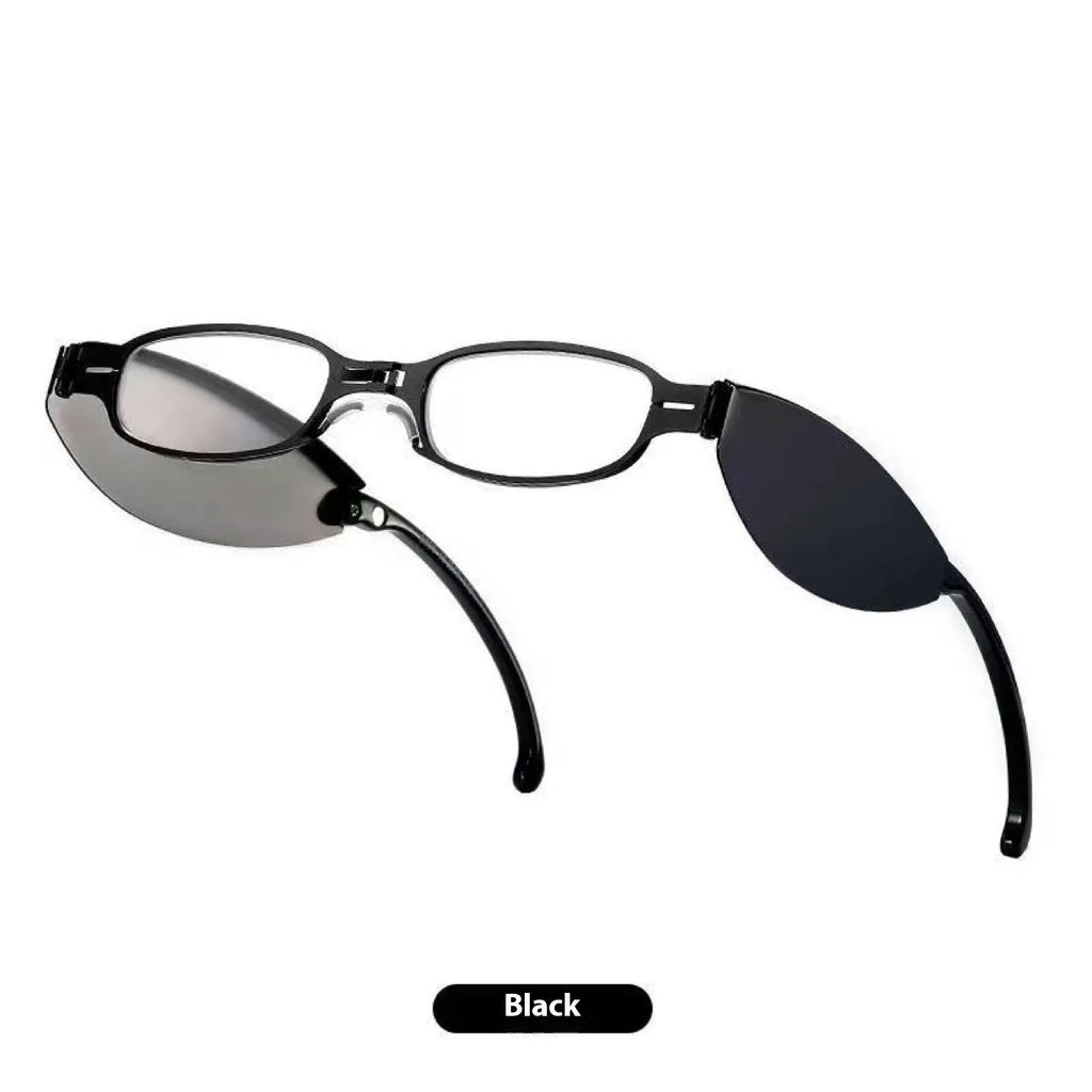 Black and Silver folding presbyopic glasses for men showing retro ring style and compact folded size.