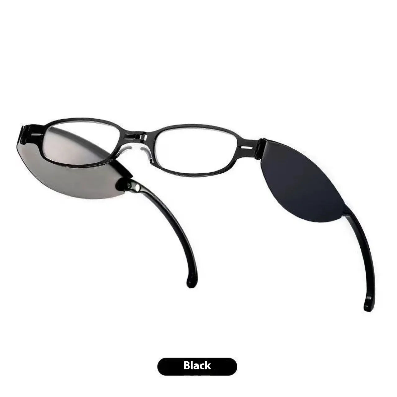Black and Silver folding presbyopic glasses for men showing retro ring style and compact folded size.