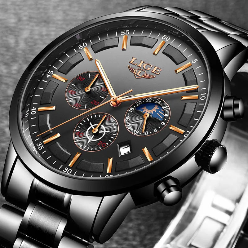 Men's waterproof moon phase quartz watch with stainless steel case in black, blue or rose gold colour options
