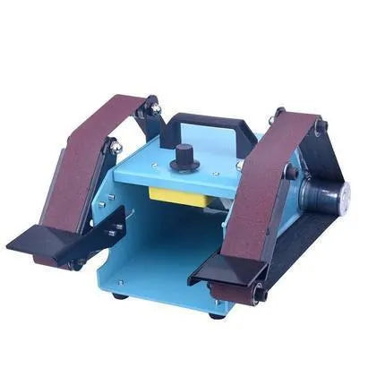 Blue desktop dual-axis belt sander with variable speed control for knife sharpening