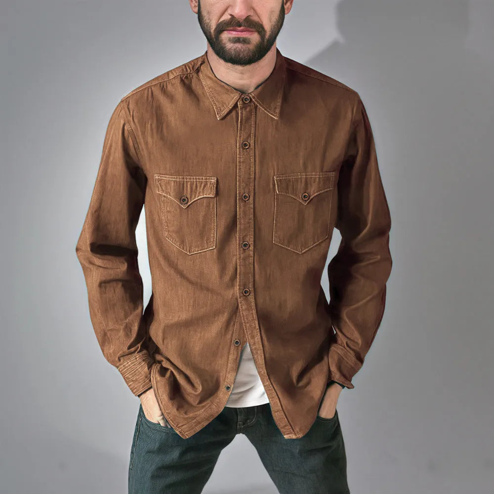 Men's regular fit denim cardigan coat in khaki, shown open over a white t-shirt.