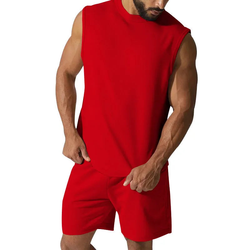 Men's sleeveless sports suit set in cotton blend fabric showing sleeveless top and matching shorts