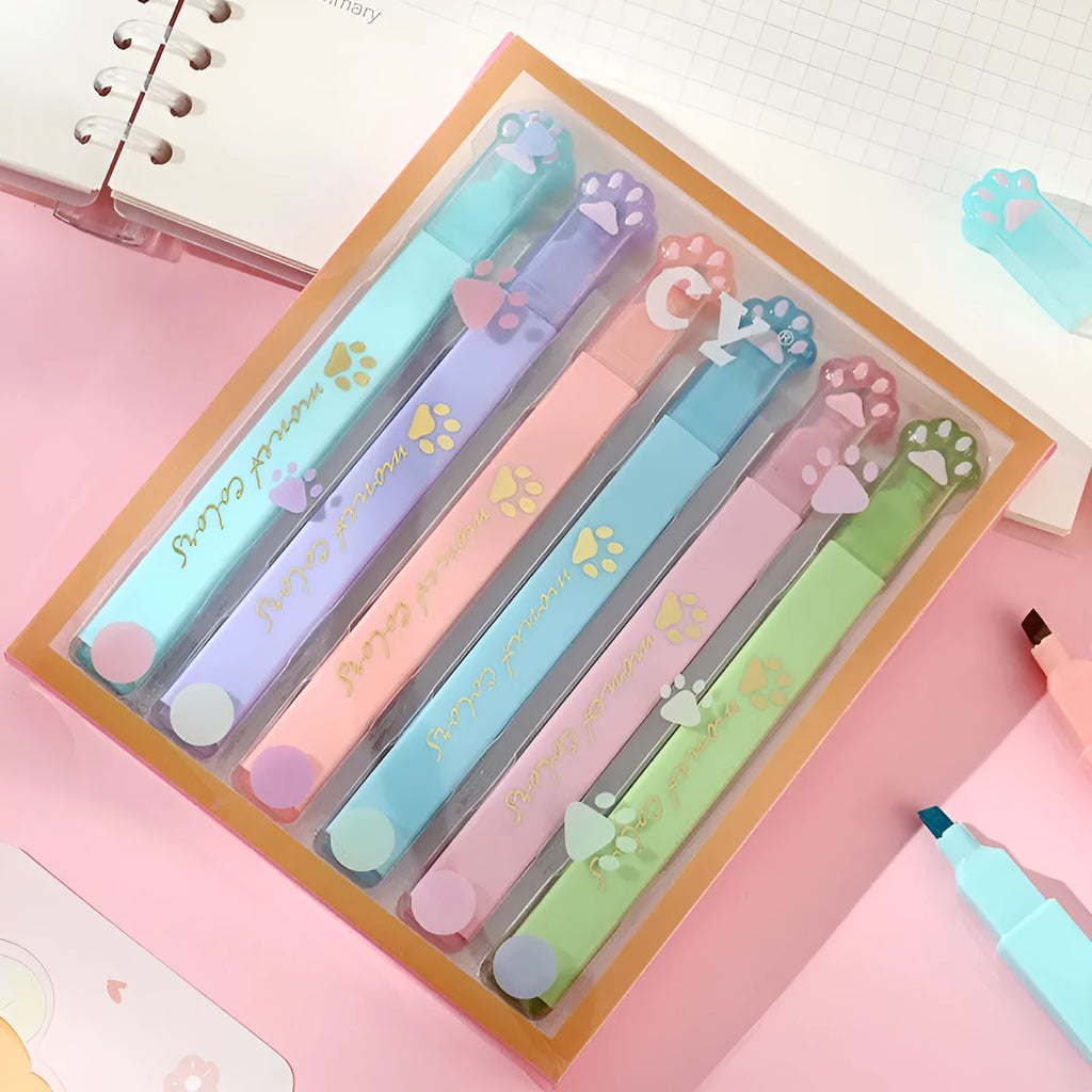 Cat's Paw fluorescent marker pen set showing six coloured pens with oblique tips