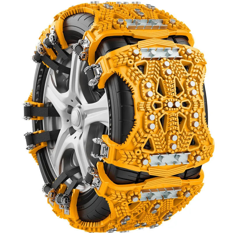 Universal car and SUV anti-skid chain kit with steel gear, tools, and snow shovel in black or yellow.