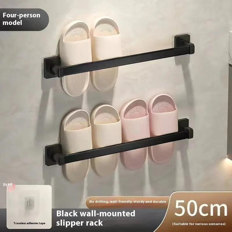 Nordic style wall-mounted bathroom slipper rack with integrated seat in black finish
