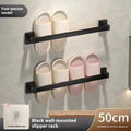 Nordic style wall-mounted bathroom slipper rack with integrated seat in black finish