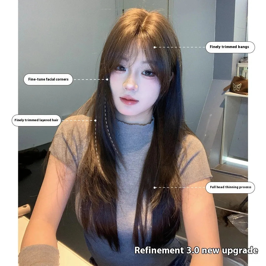 Cold brown layered straight synthetic wig on display showing full-head coverage and natural hairline