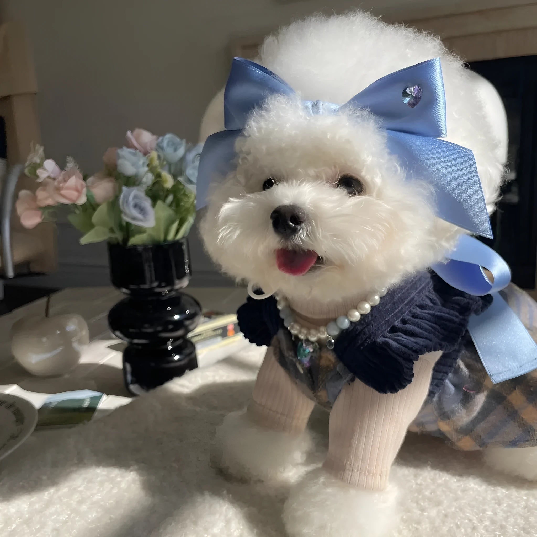 Princess style dog hair band with adjustable bow on polyester cotton ribbon