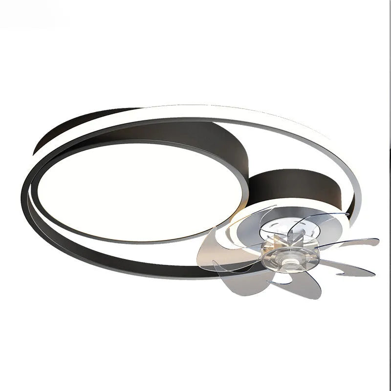 Nordic style overhead fan lamp with metal blades and acrylic shade in black or gold finish for bedroom use