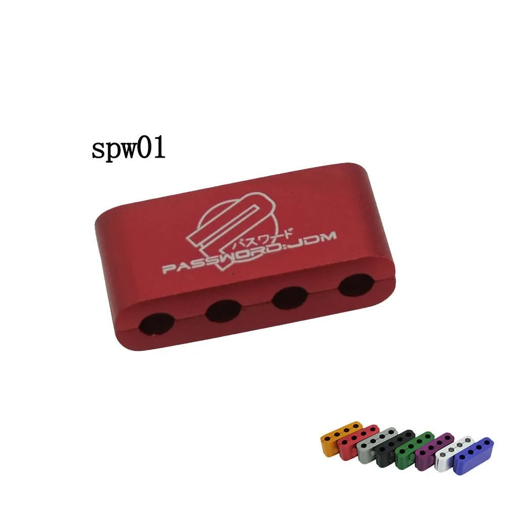 Three-piece metal car modification fastening clamp in assorted colours on a white background