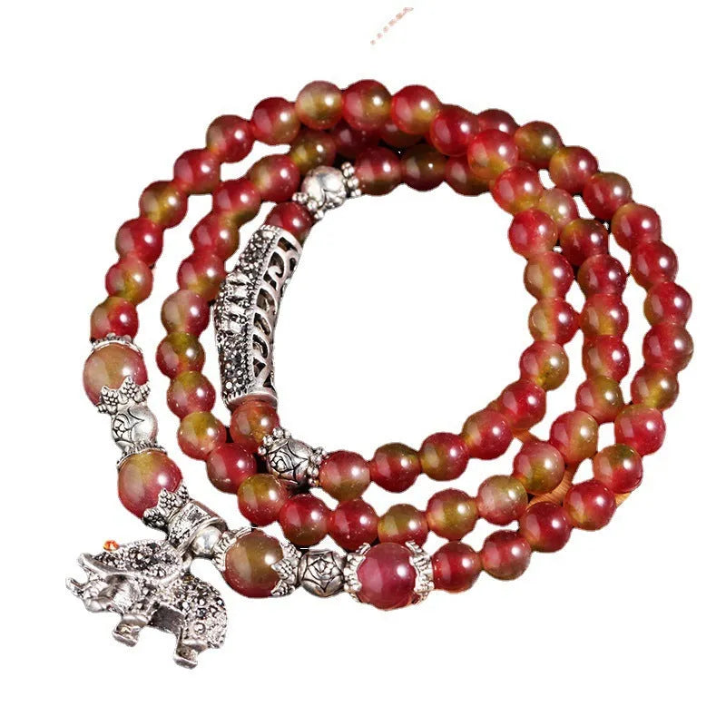 Handmade natural watermelon crystal bracelet with Chinese knot design and geometric beads