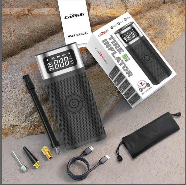 Black portable wireless vehicle air pump with digital display, LED light and flexible inflation tube