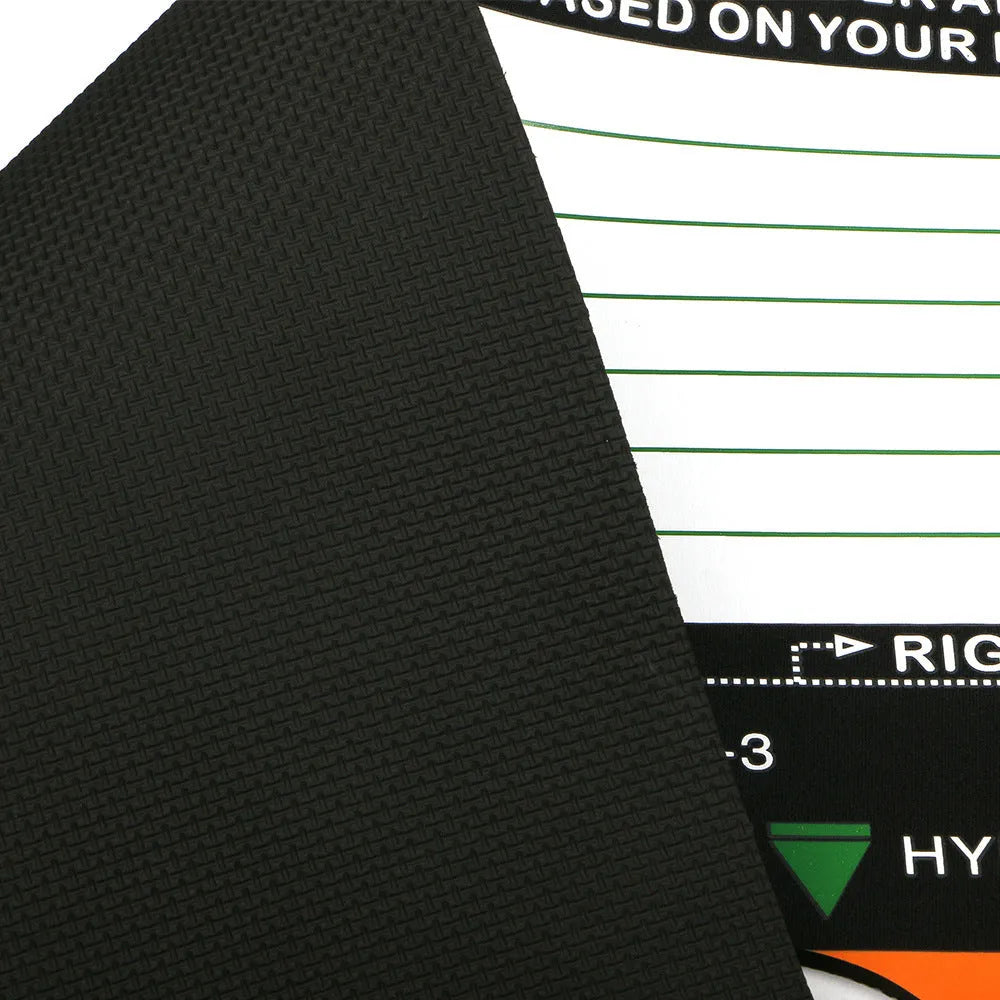 Black neoprene golf swing standing posture auxiliary pad measuring 22.5cm x 10cm for correcting stance and alignment