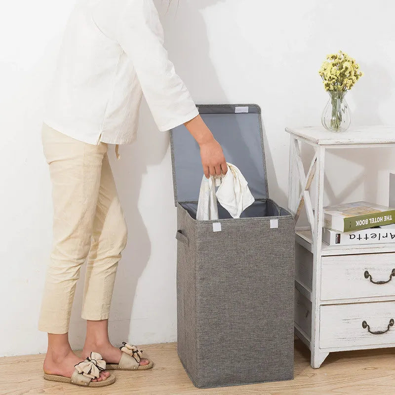 Foldable cotton-linen storage basket in grey colour showing three-dimensional construction