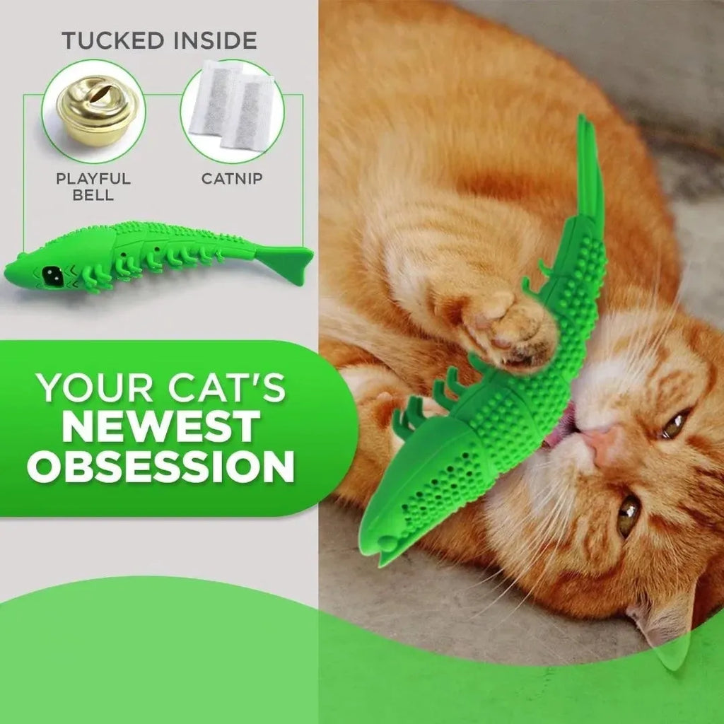 Blue hard rubber catnip toy with bell for teeth cleaning and interactive play