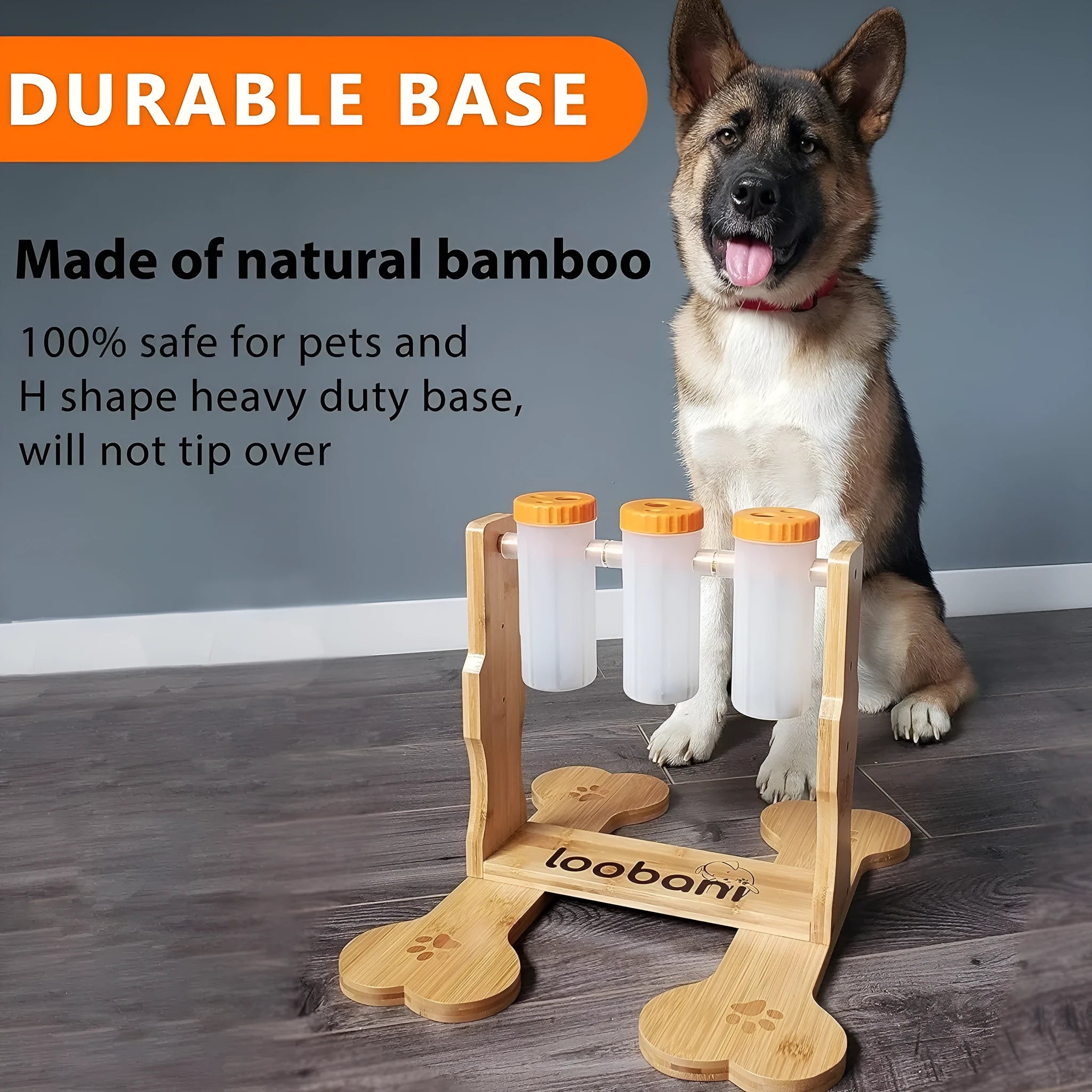 Wooden dog puzzle toy interactive feeder measuring 31x30x20cm in natural wood colour