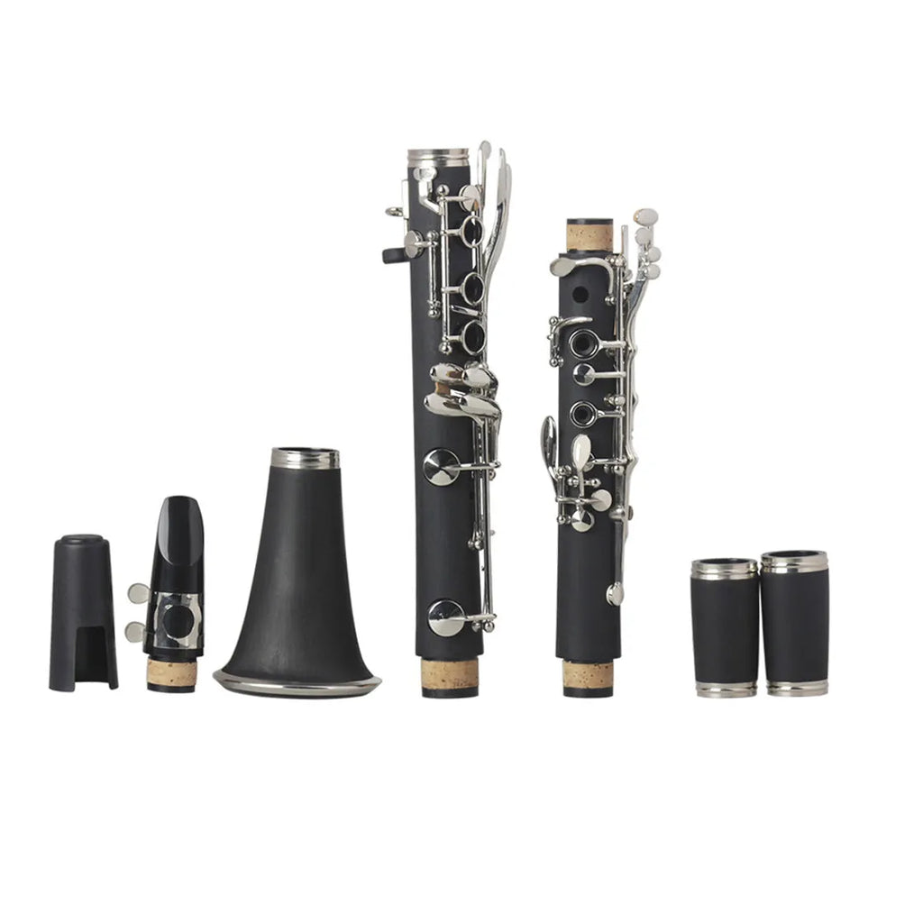 Black bakelite clarinet with 17 nickel-plated keys and carrying case for beginners