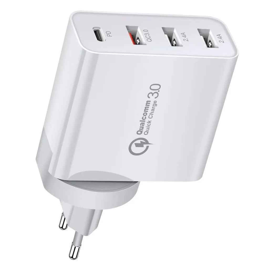 White 4-port fast wall charger with PD, QC, and USB ports on a table